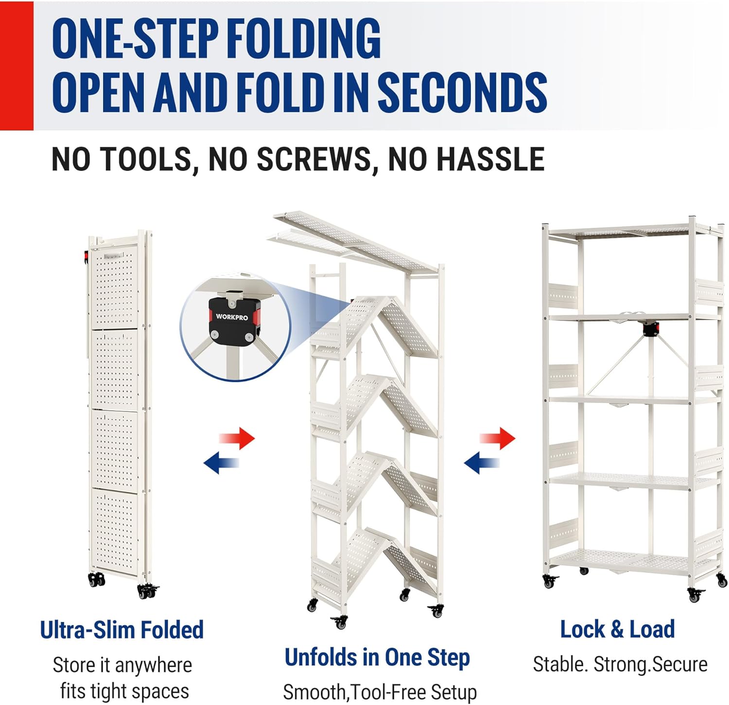 White 5-tier folding storage rack with open-and-fold design on wheeled base.