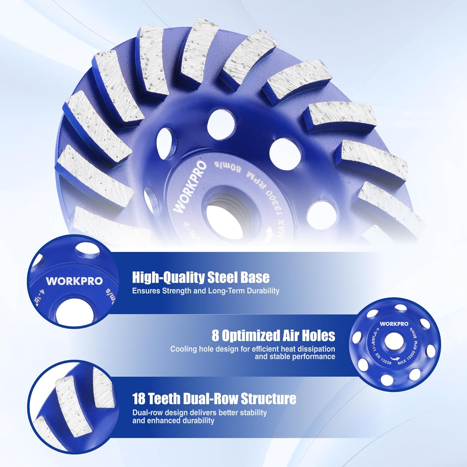 Blue WORKPRO segmented diamond grinding wheel with multiple air holes and steel base