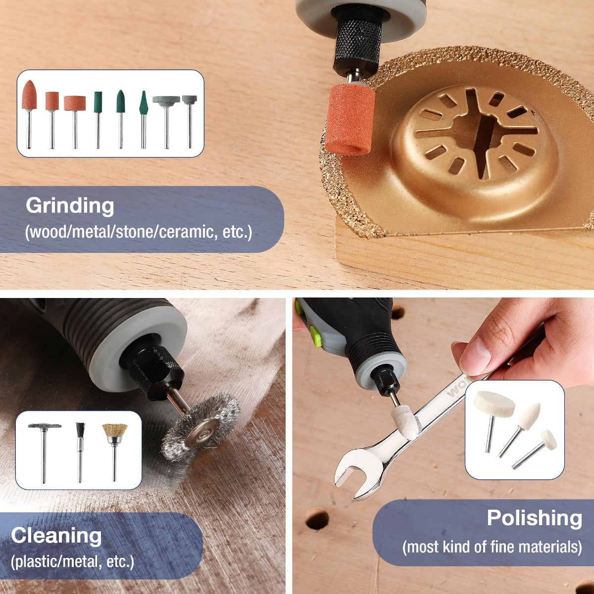 Rotary tool grinding wheel with orange sanding ring attachment