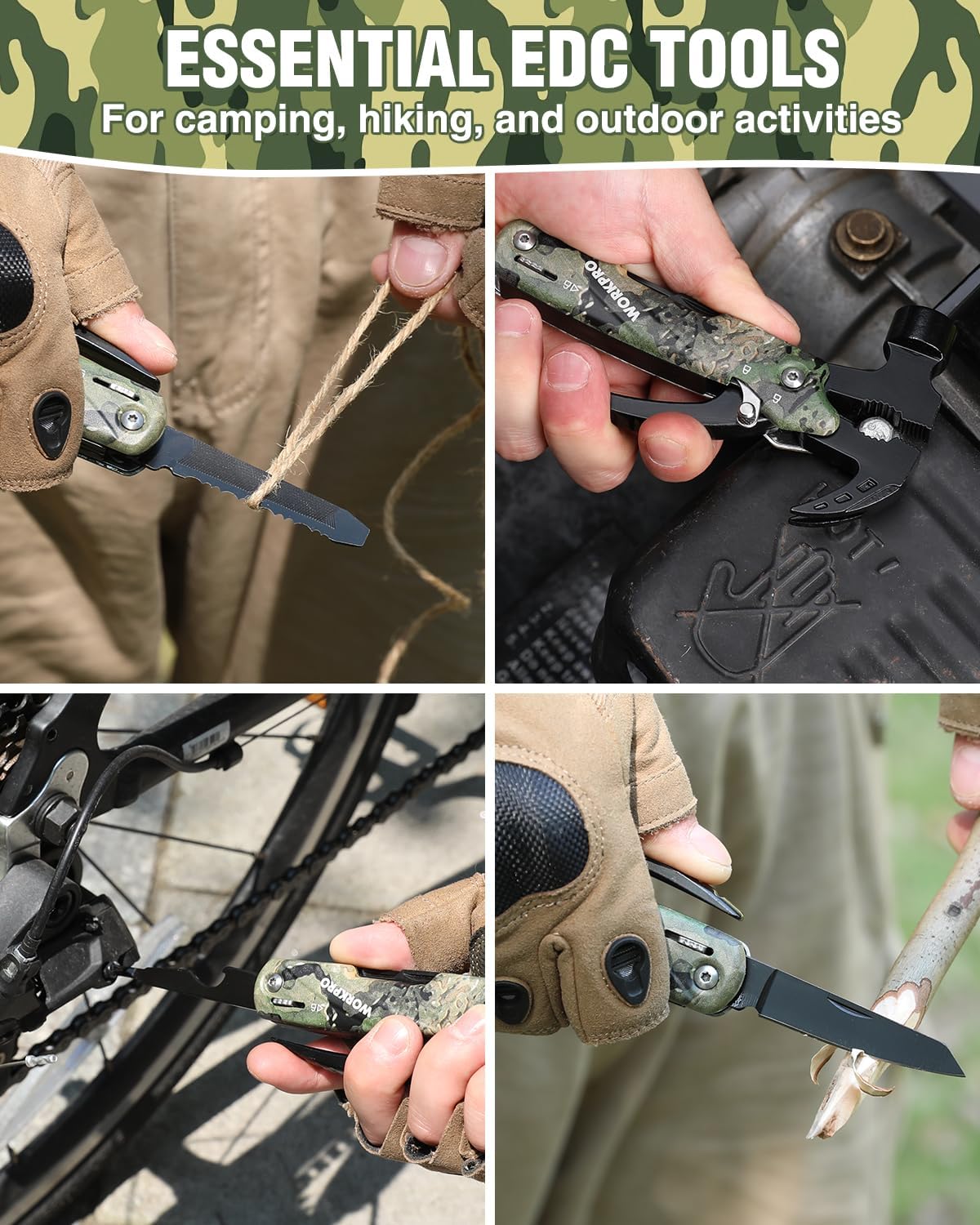 WORKPRO 12-in-1 multitool close-ups on outdoor tasks, camouflage handle and tool heads