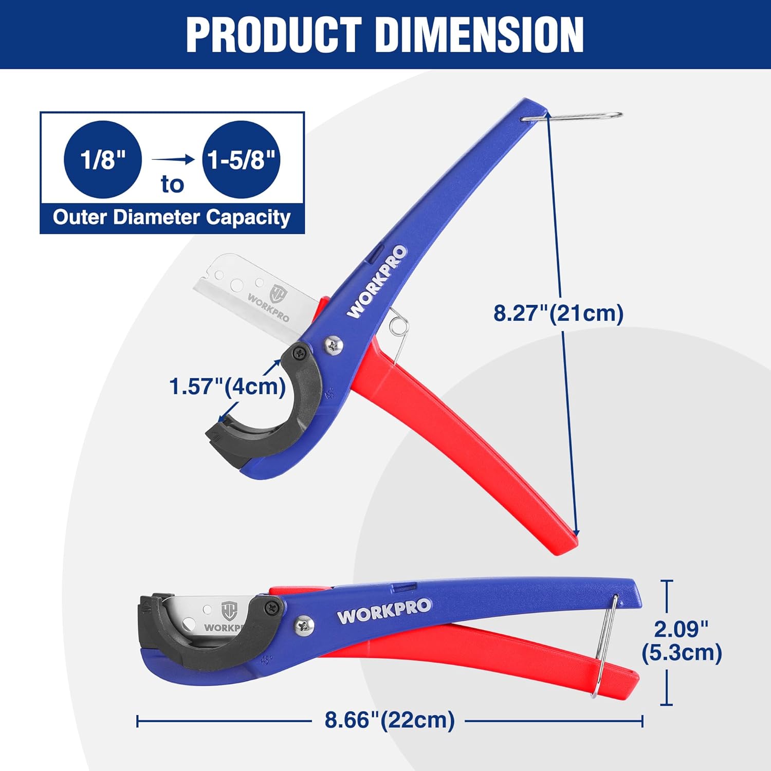 Pipe cutter with blue jaw and red handle showing 1/8–1-5/8 inch capacity