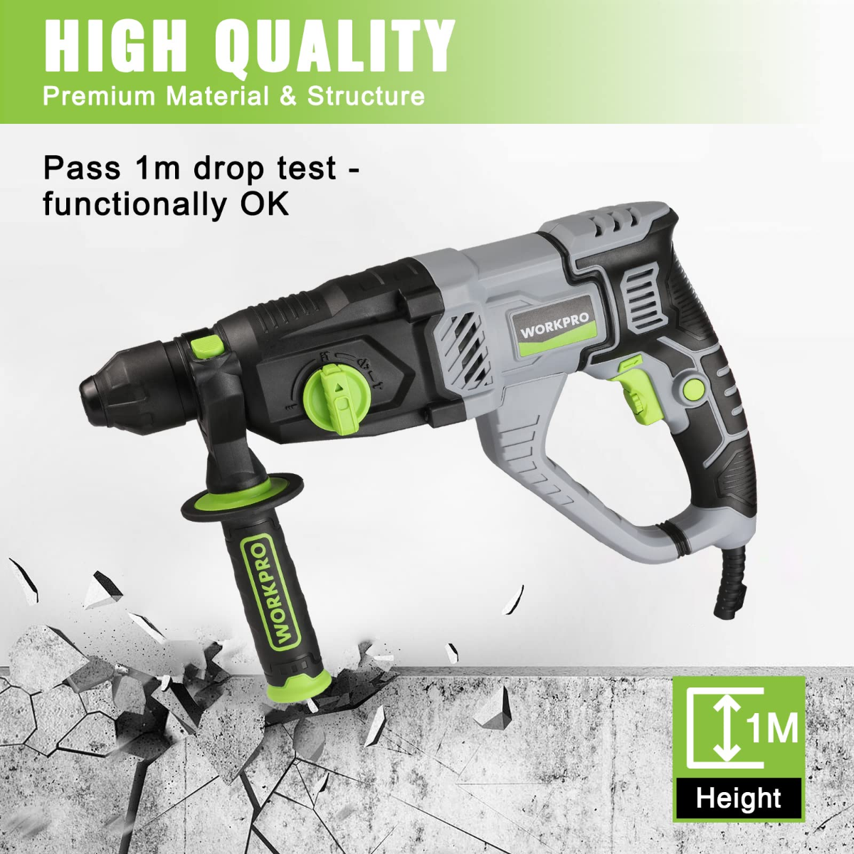 WORKPRO corded rotary hammer drill with green/black body and side handle, SDS-Plus