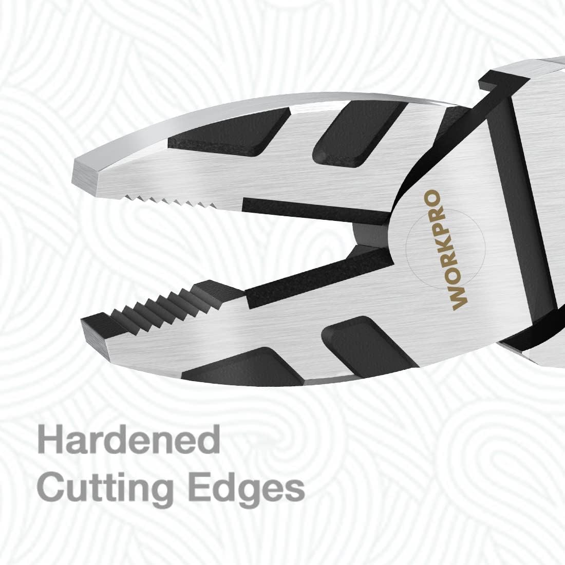 Linesman pliers cutting edge and serrated jaw detail for wire cutting