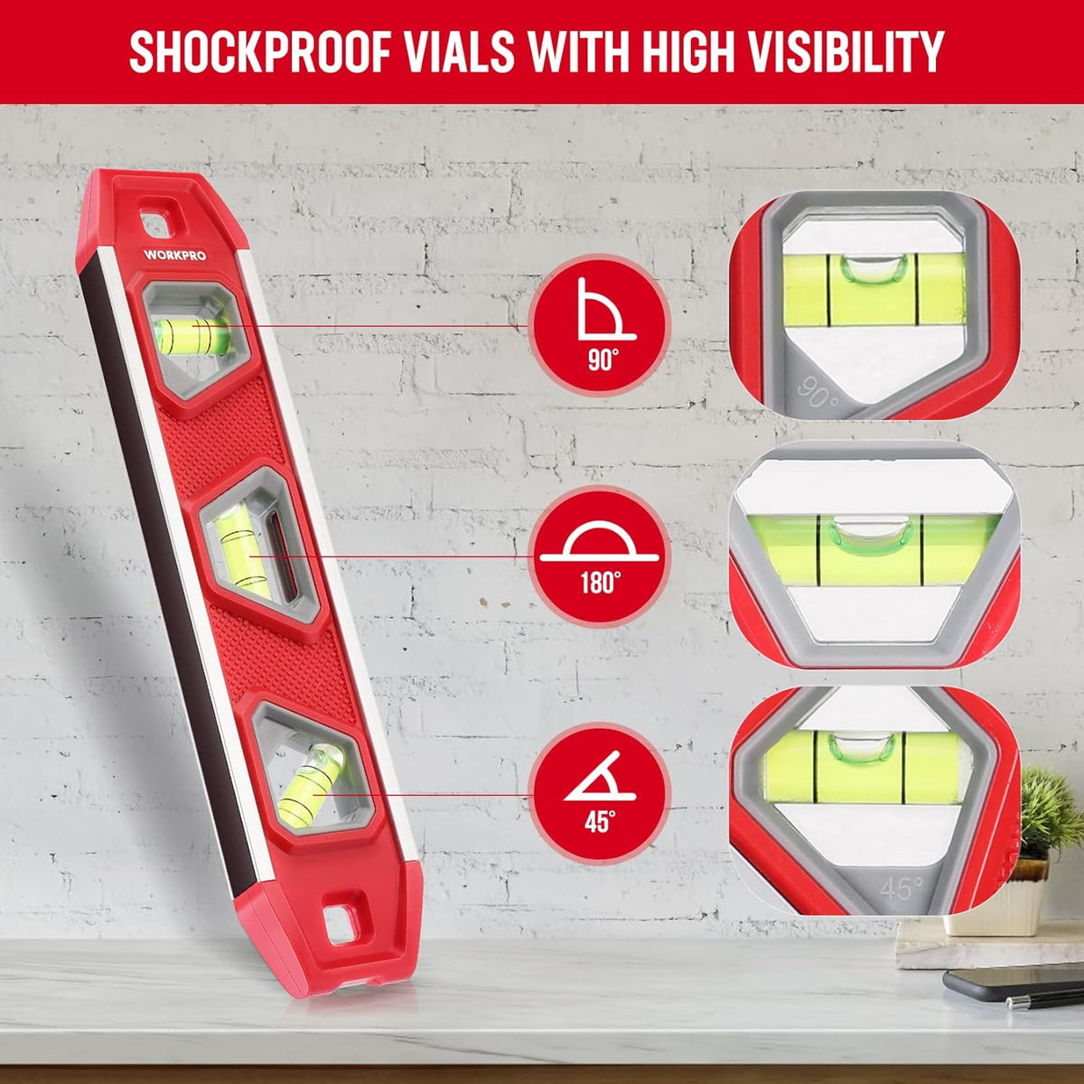 Red torpedo level with three shockproof vials for 45, 90, and 180 degree checks.