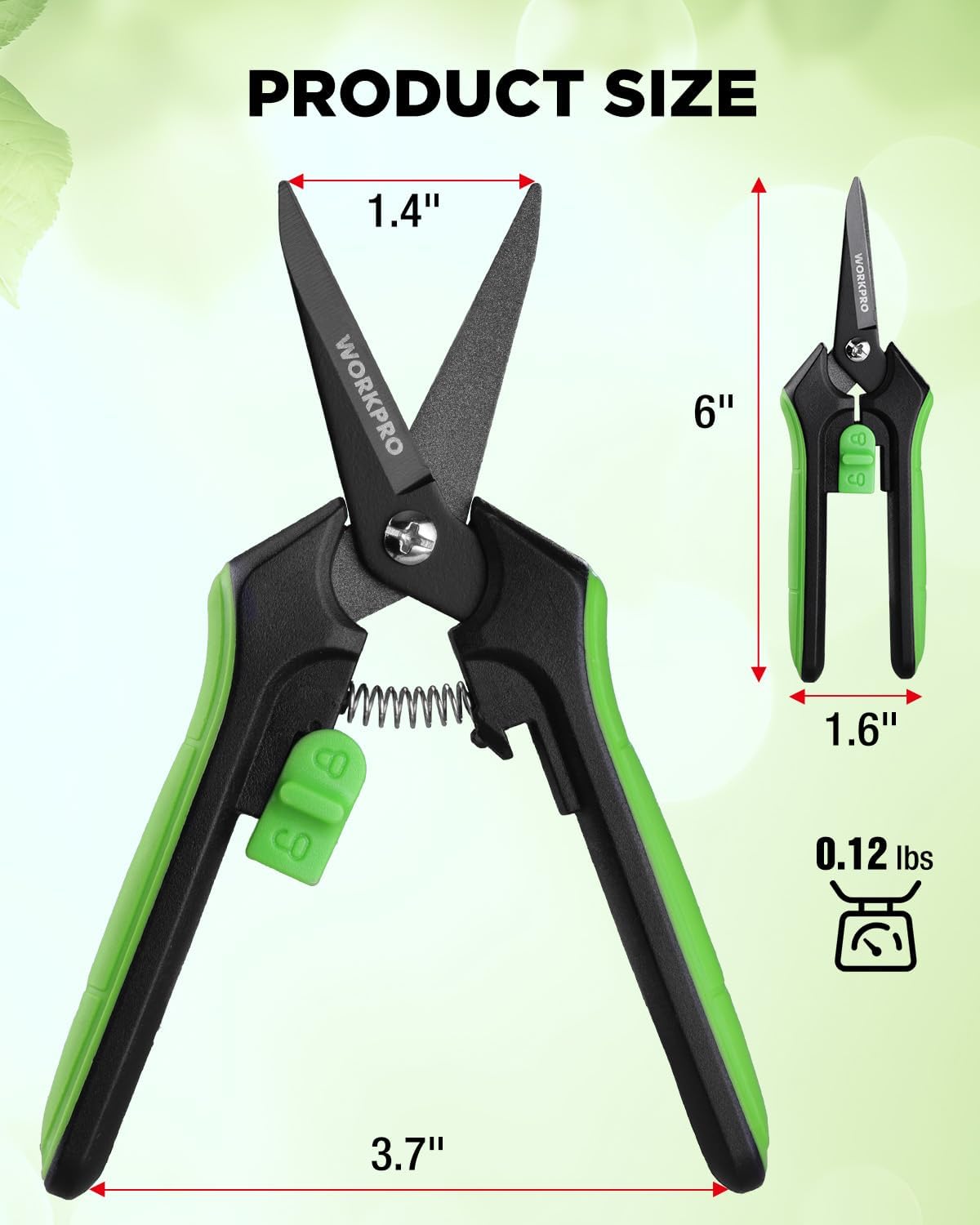 WORKPRO pruning shears with green handles, safety lock, and spring-loaded cutting action