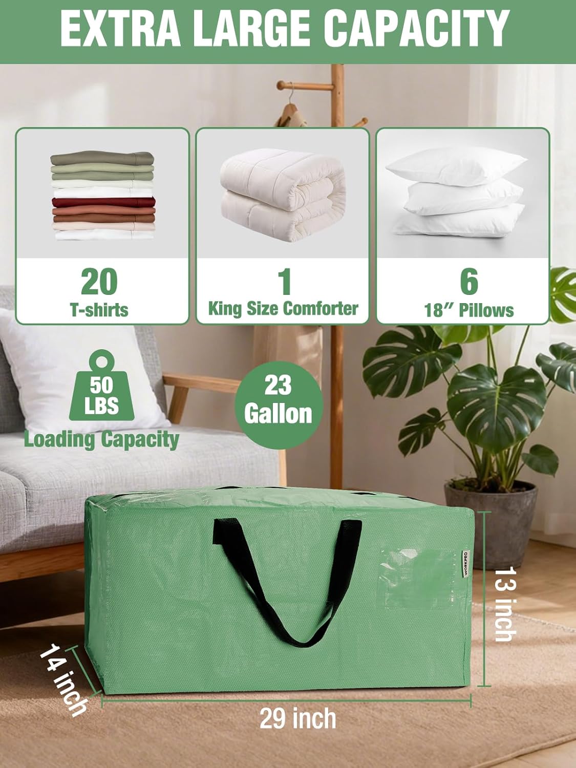 Green extra-large storage tote bag with black handles and wide front opening