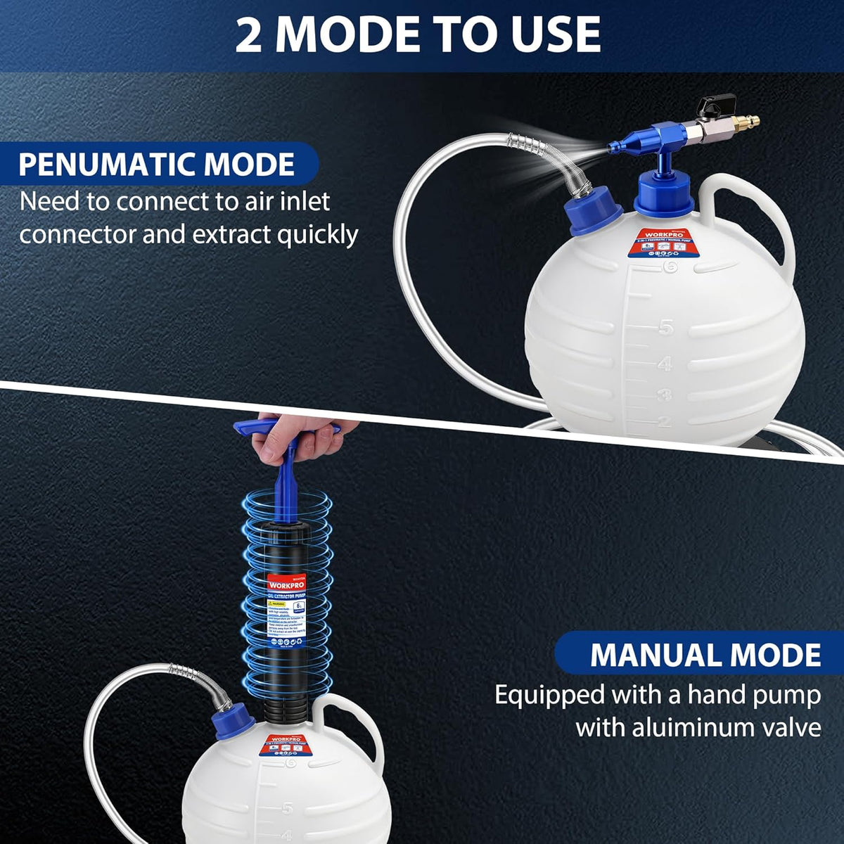 White oil extractor bottle pump with blue connector and clear suction hose