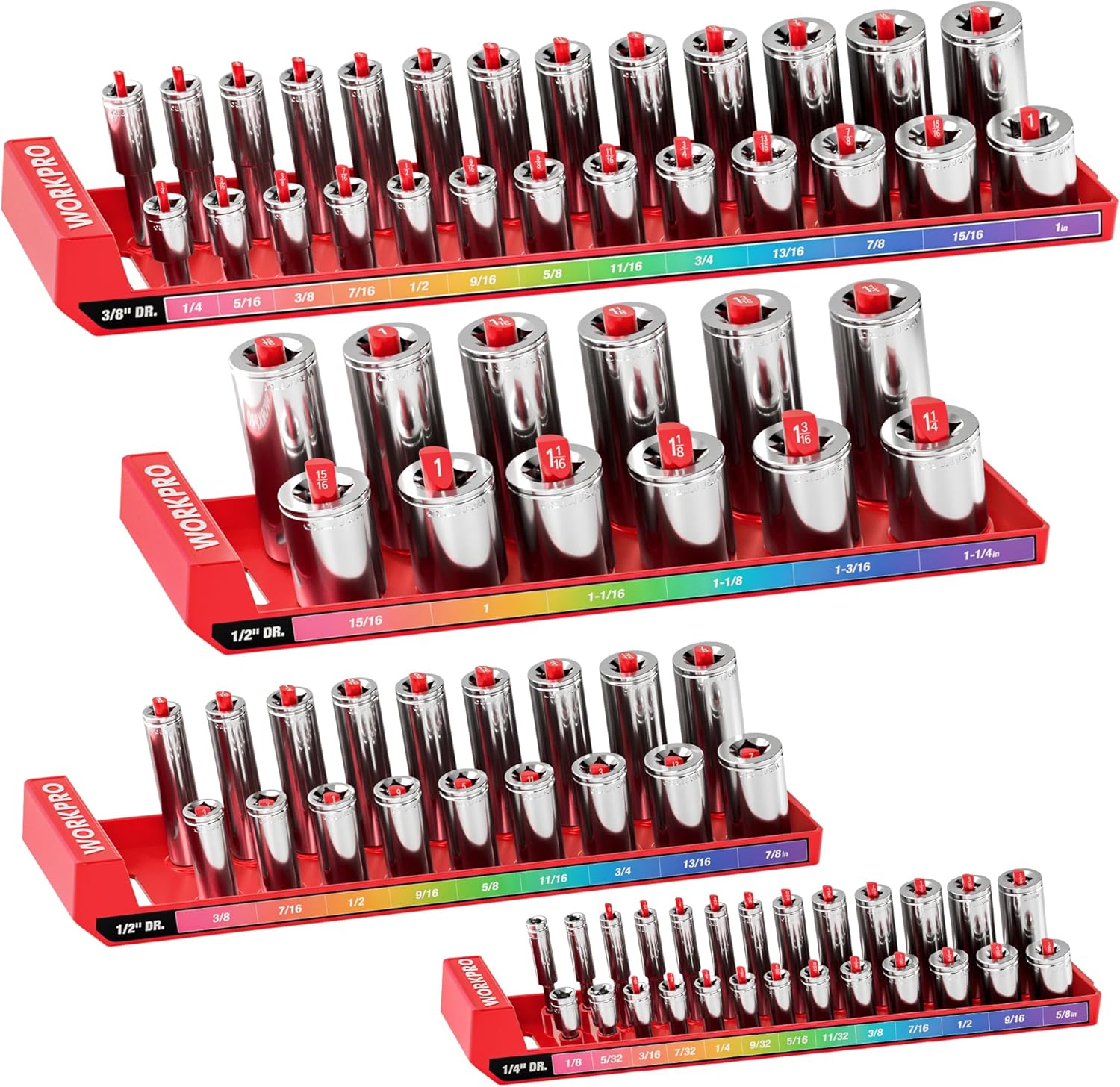 Red impact socket tray set with multiple rows of chrome sockets and color size bands