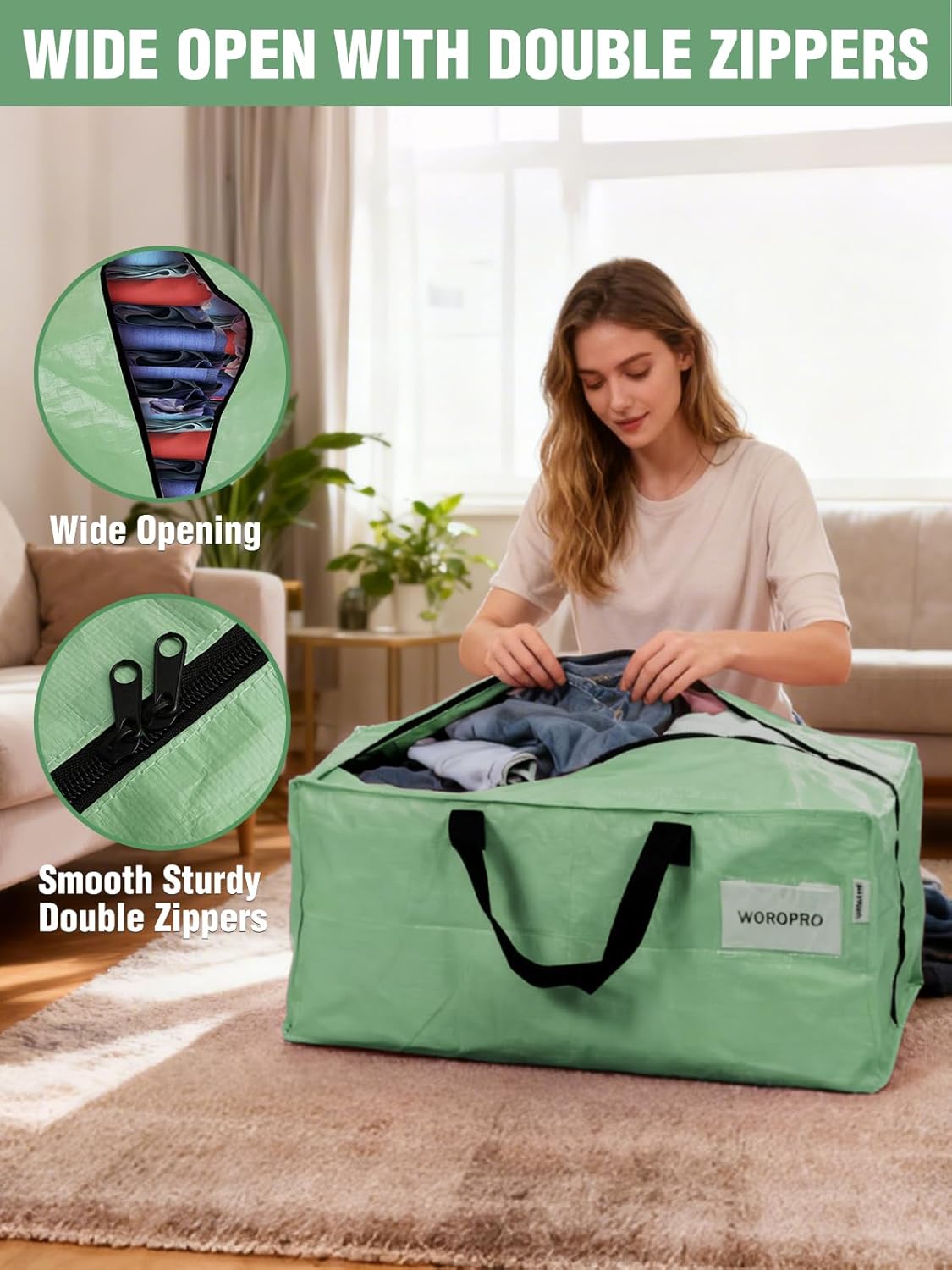 Green moving storage bag with wide opening and black handles, showing double zippers.