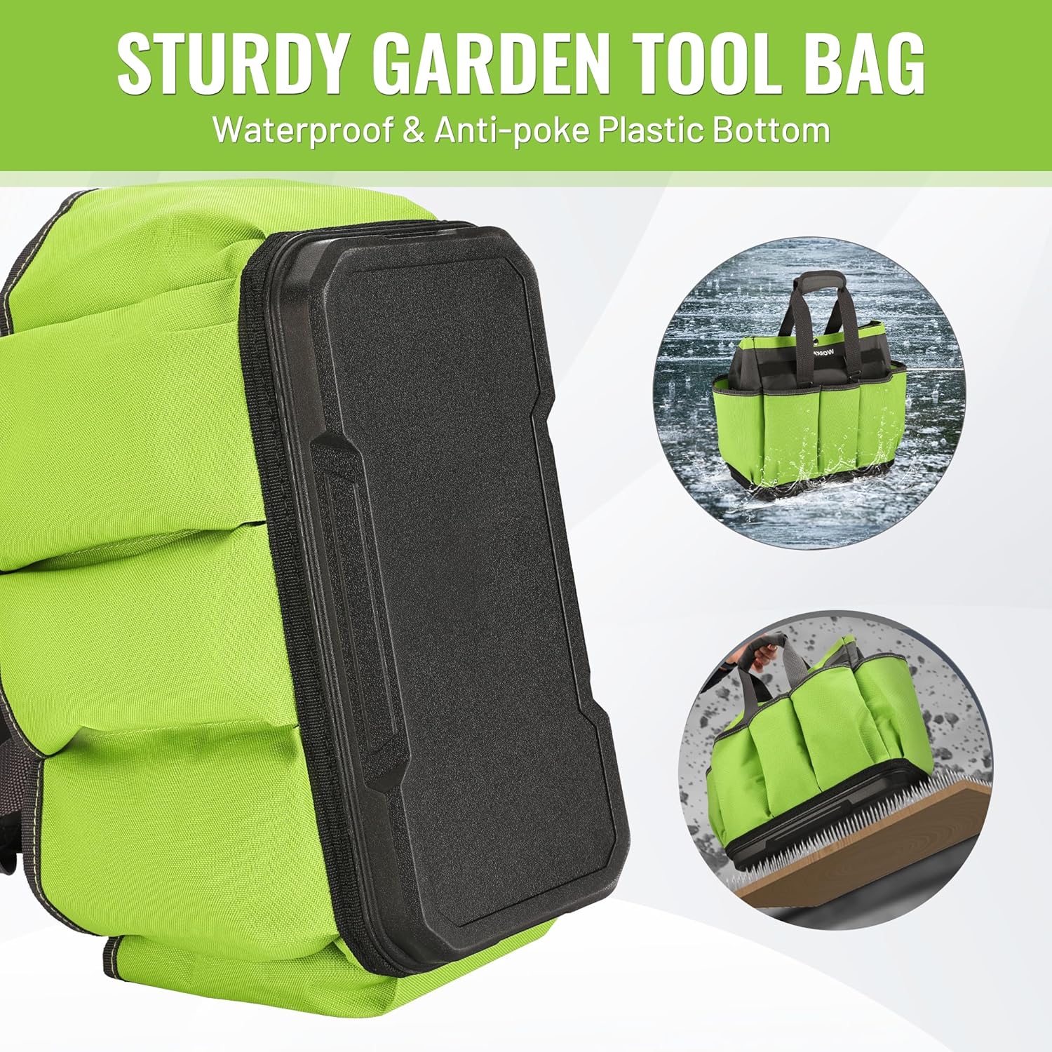 Green garden tool bag with anti-poke plastic bottom and sturdy carry handles.