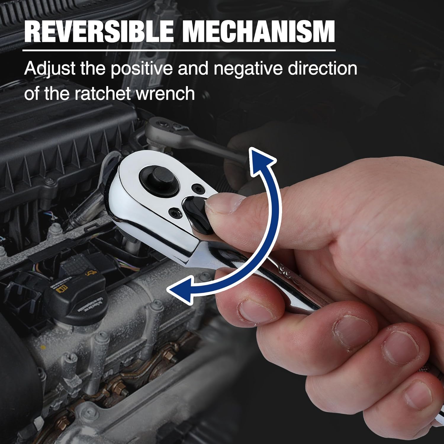 3/8 drive ratchet wrench in hand, reversible direction control on ratchet head