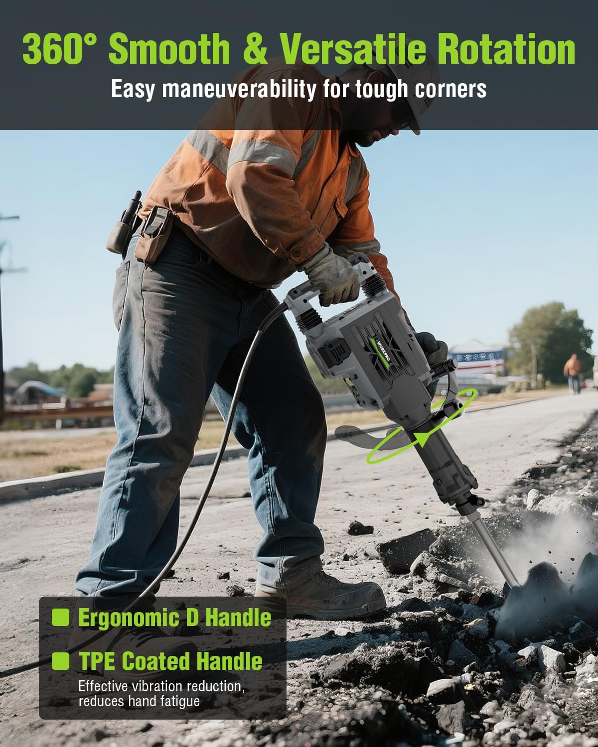 Electric demolition jackhammer with 360-degree rotation feature, used for breaking pavement