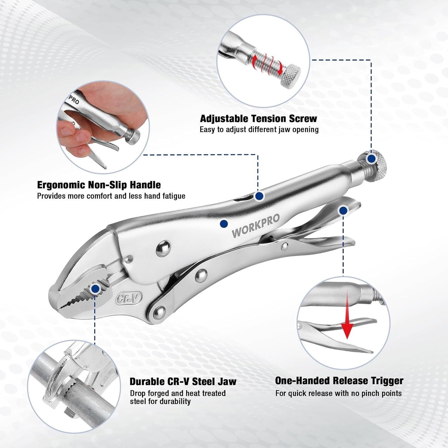 WORKPRO 5-Piece curved jaw and long nose pliers set in chrome finish with durable quality and secure grip