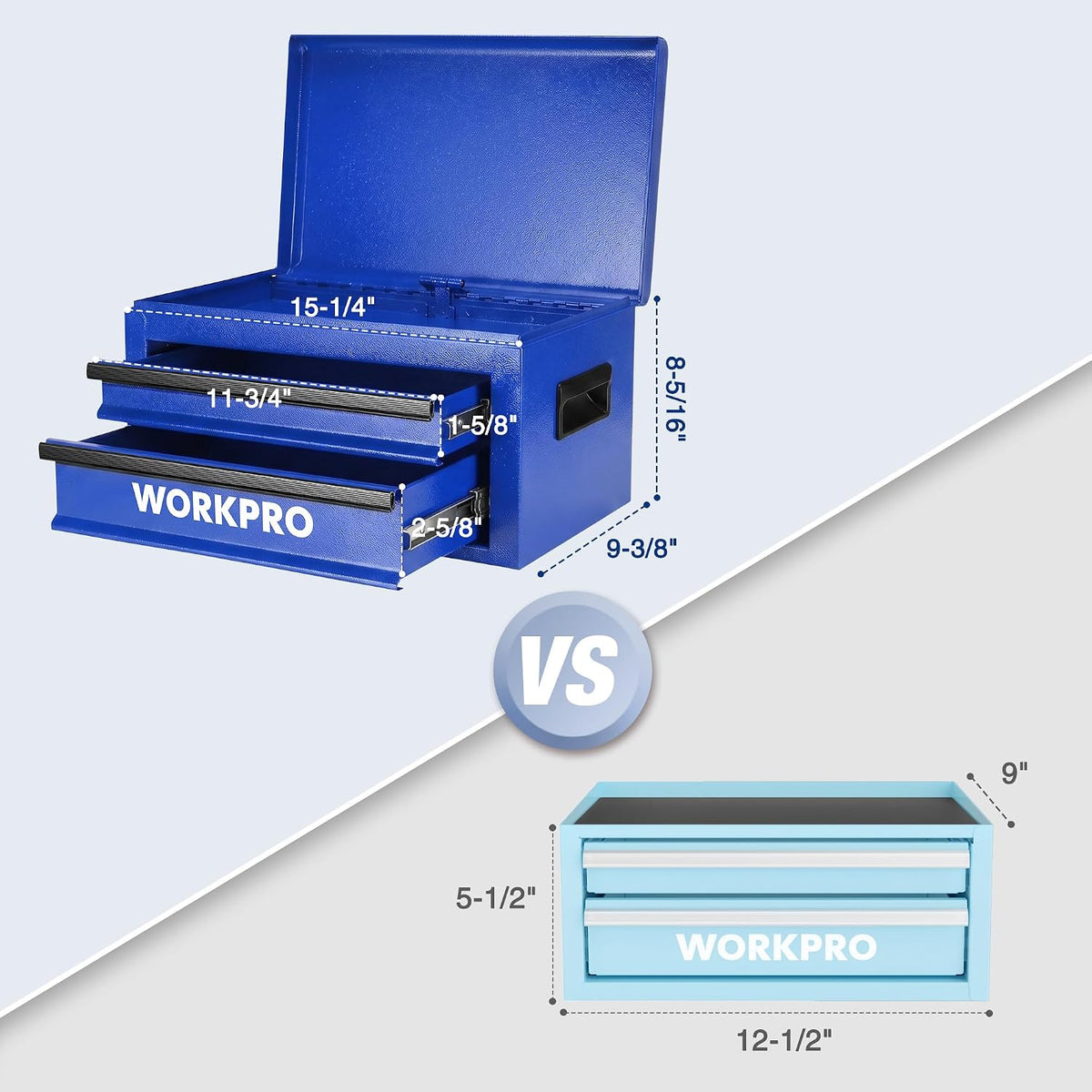 WORKPRO 15-Inch Metal Tool Box with 2 Drawers & Top Storage, Blue