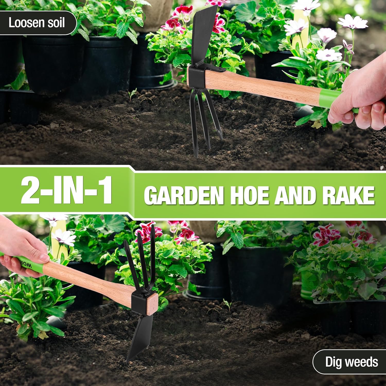 Garden hoe and cultivator in soil with wooden handle and black hoe blade plus three-tine rake