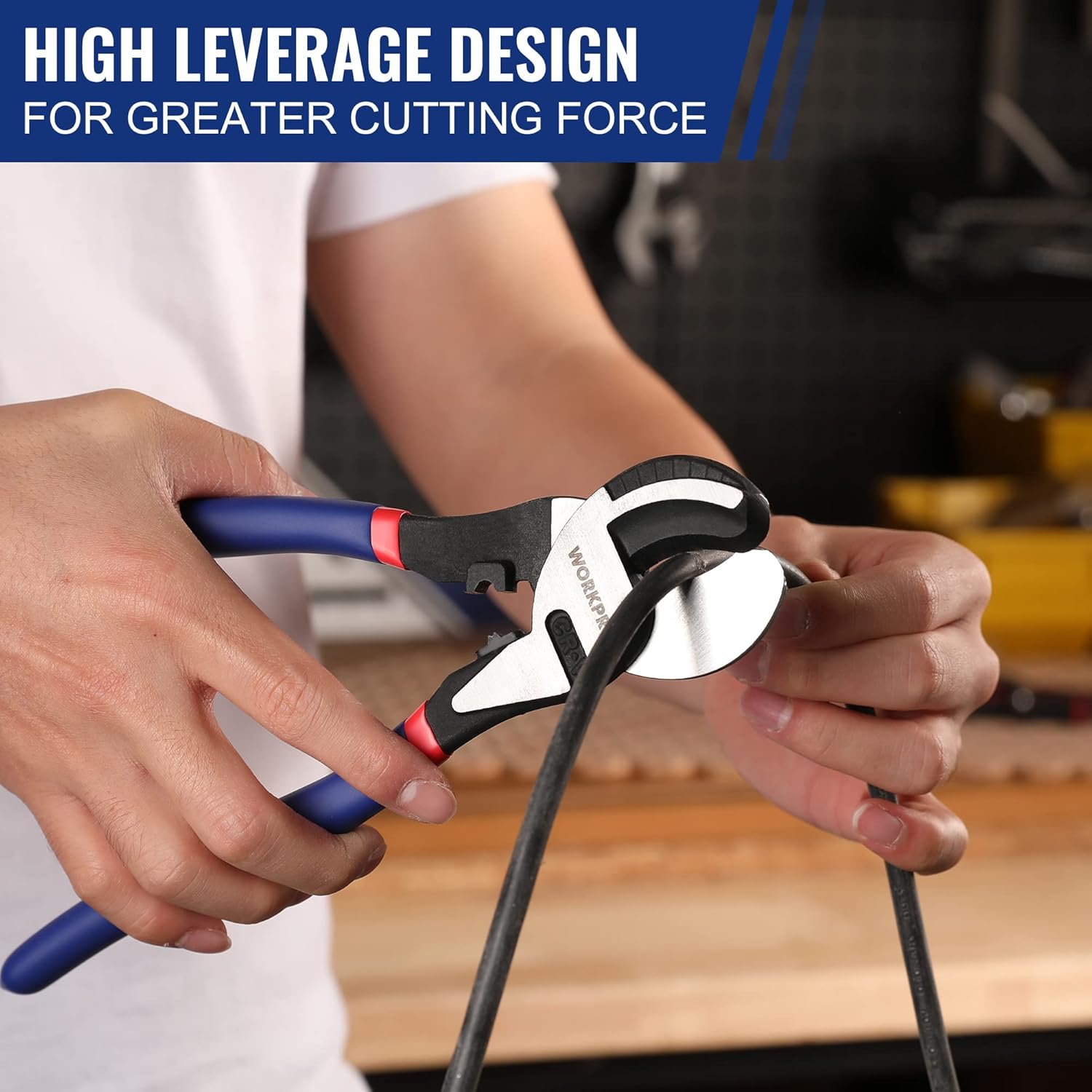 High leverage cable cutter being used to cut wire, blue handles visible