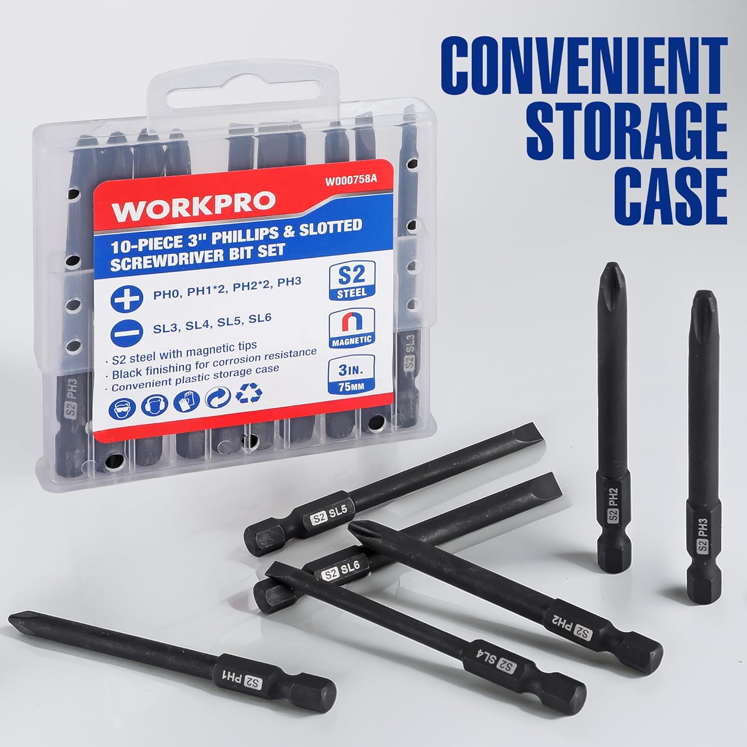10-piece Phillips and slotted bit set with clear storage case and magnetic S2 steel bits