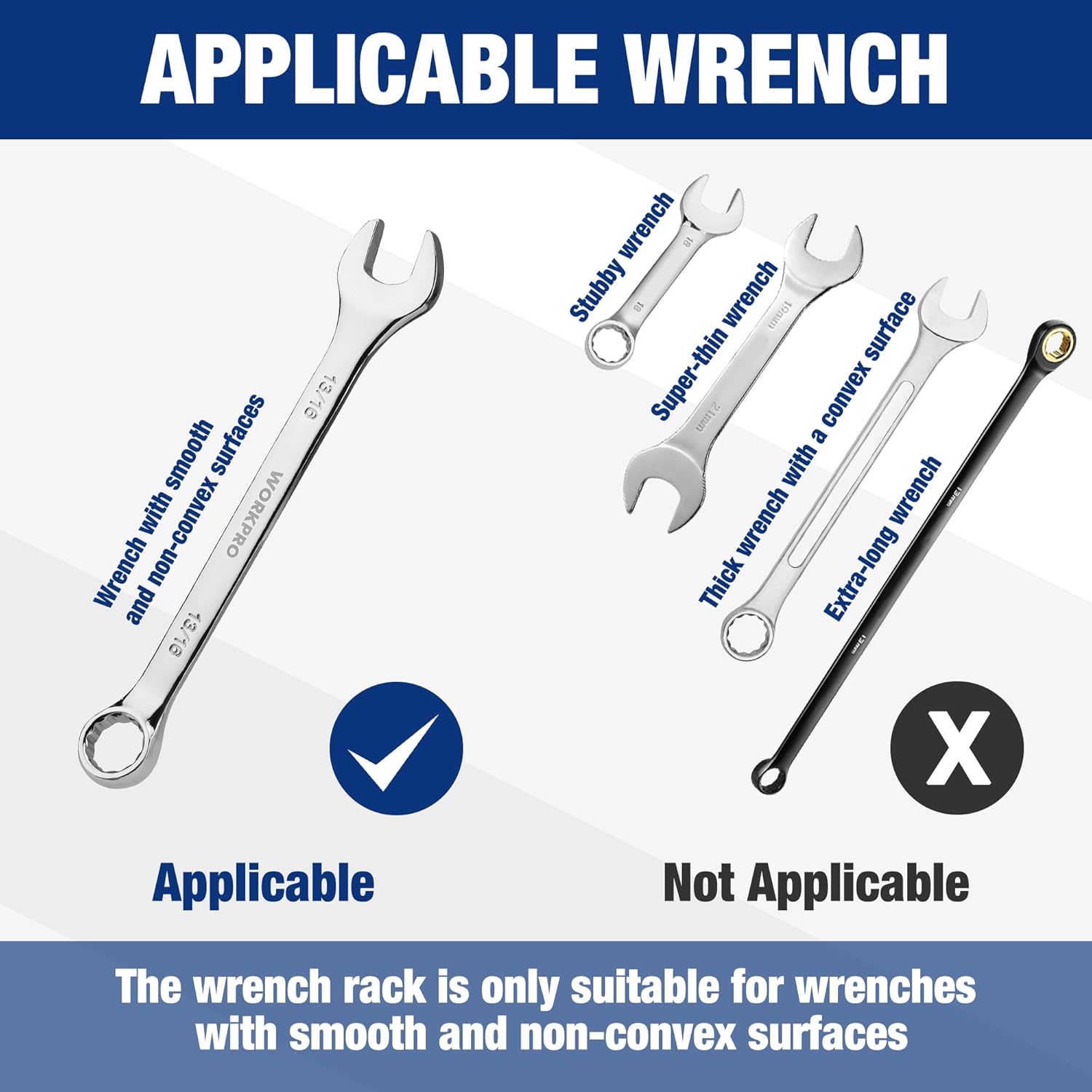 Plastic wrench rack with compatible wrench head shapes for smooth, non-convex surfaces