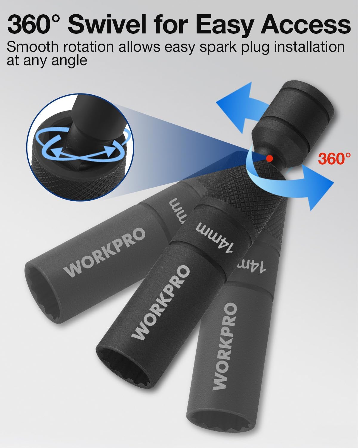 14mm spark plug socket with 360-degree swivel for easy angled access, knurled grip