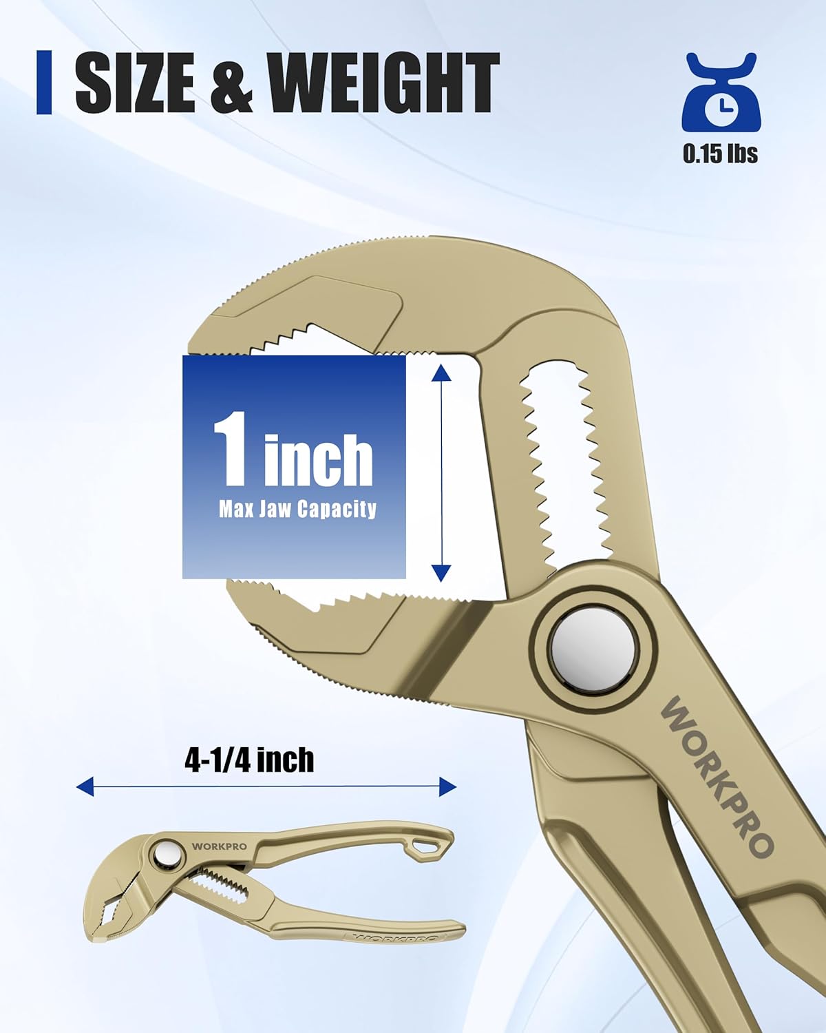 WORKPRO 4-inch mini water pump plier with adjustable serrated jaws in champagne finish