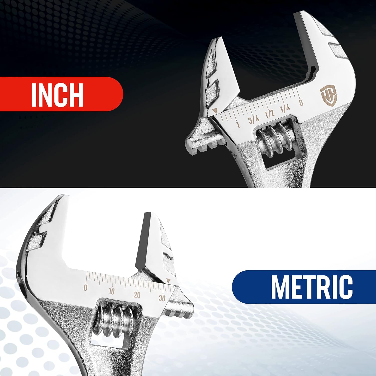 Adjustable wrench with inch and metric measurement markings, silver chrome finish.