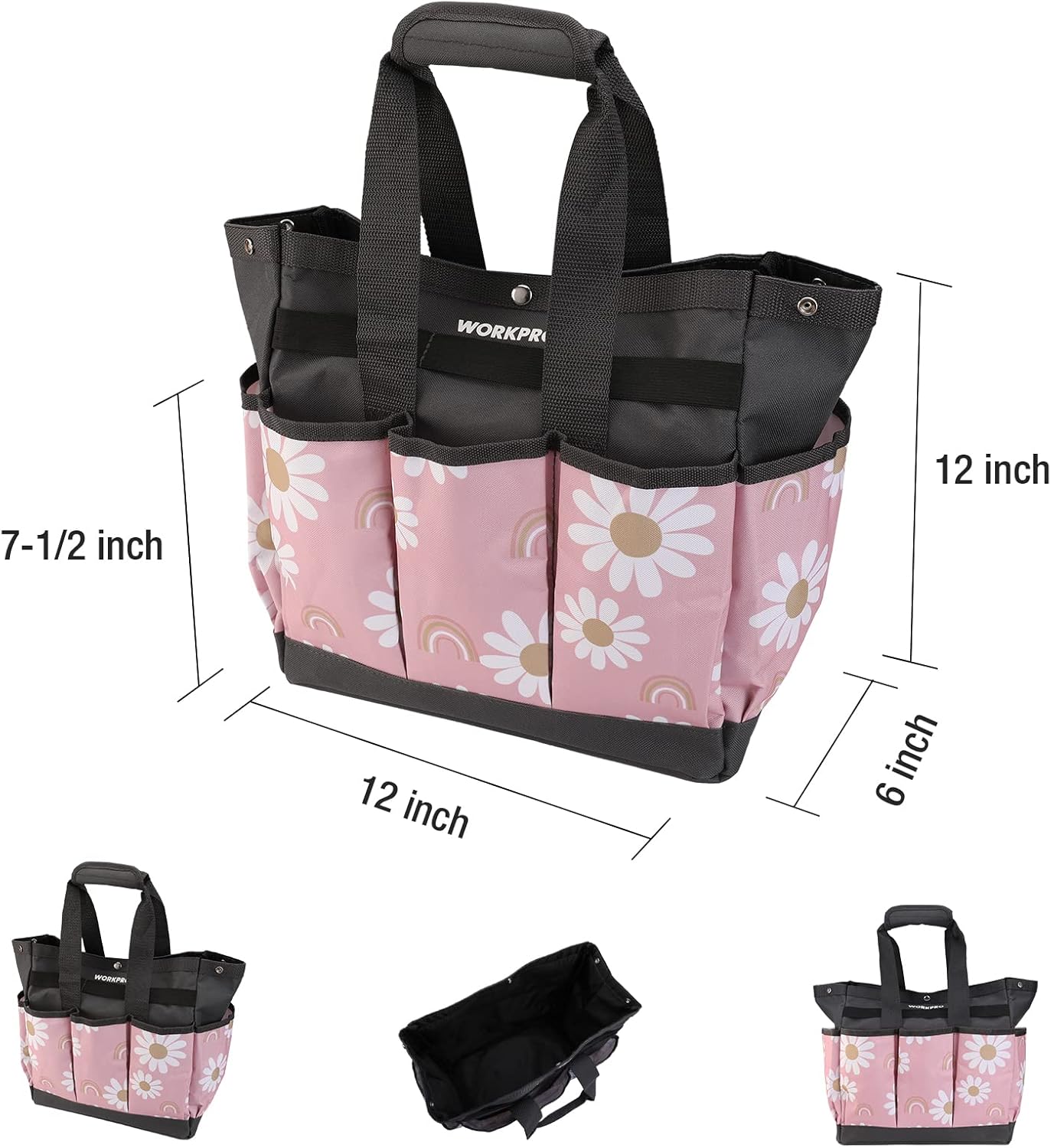 WORKPRO garden tool bag with pink floral front, black top handles, and multiple organizer pockets