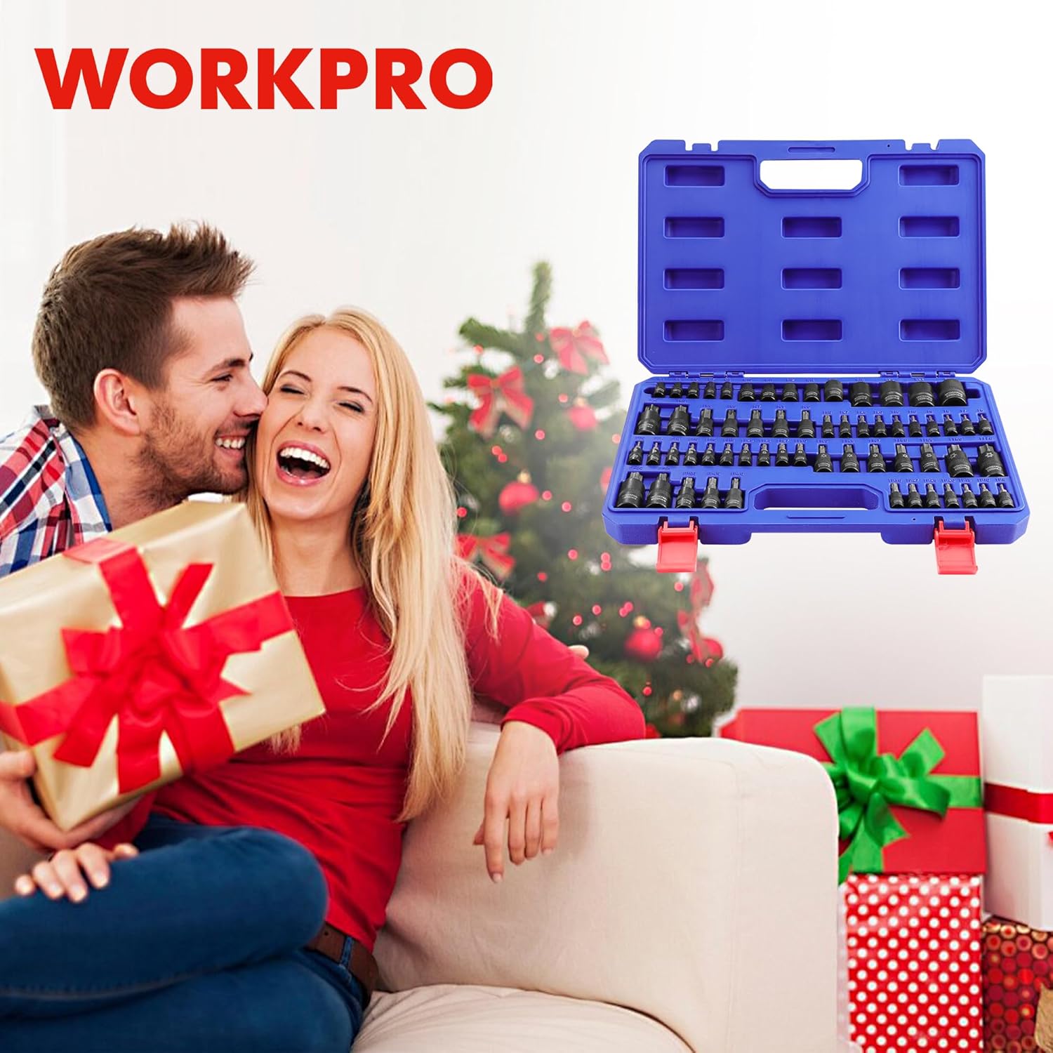 Blue WORKPRO socket set case with compartments filled with Torx bit sockets