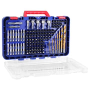 Drill bit and screwdriver bit set in blue plastic storage case with assorted bits