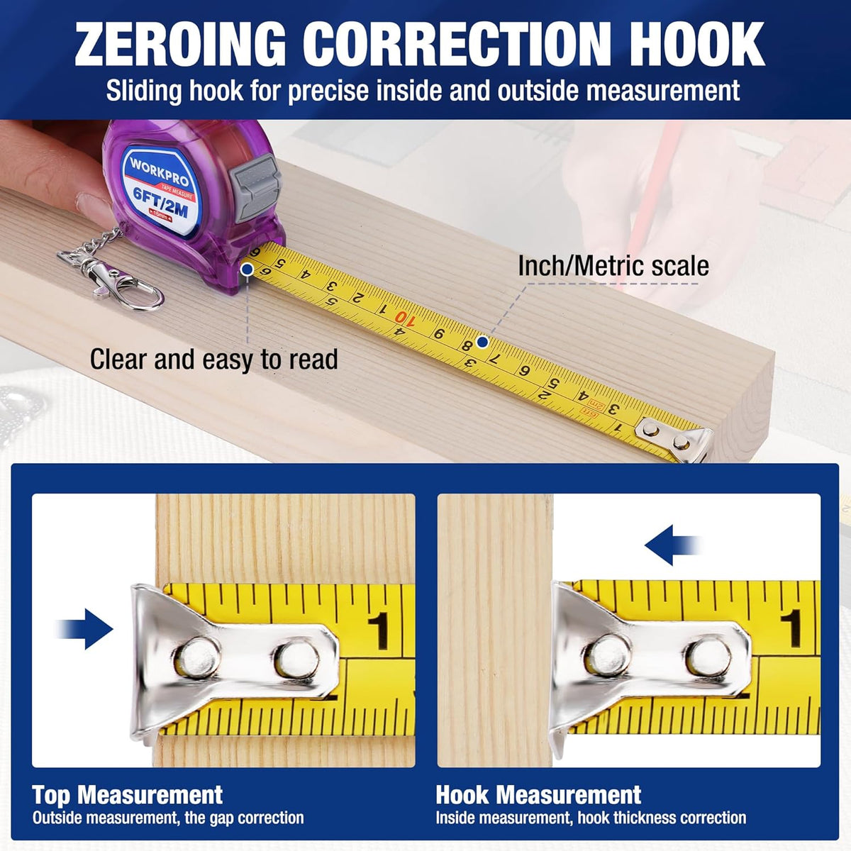 Purple tape measure keychain with sliding hook and inch/metric measuring scale