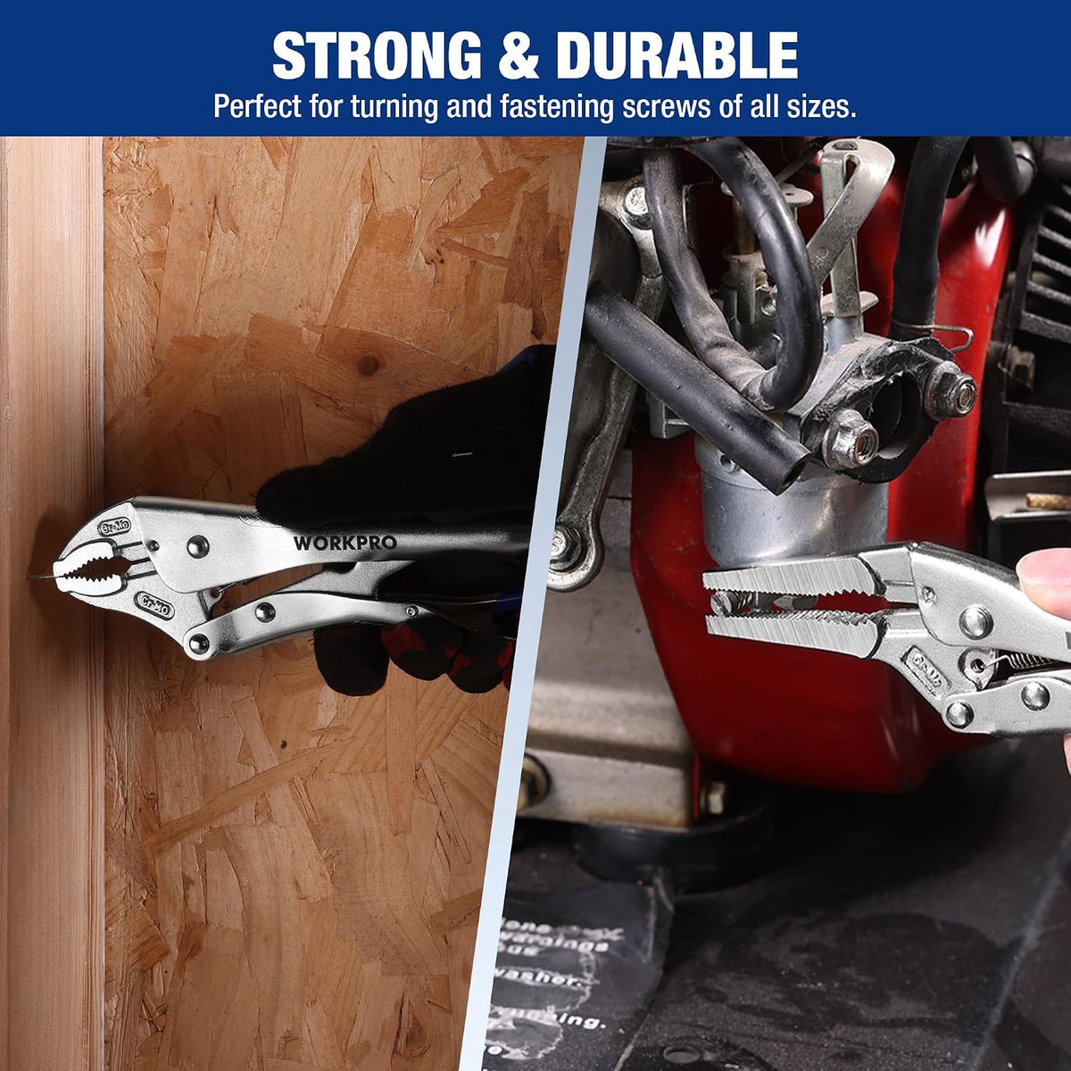 Workpro 2-piece locking pliers set shown clamping plywood and workshop equipment with durable serrated jaws