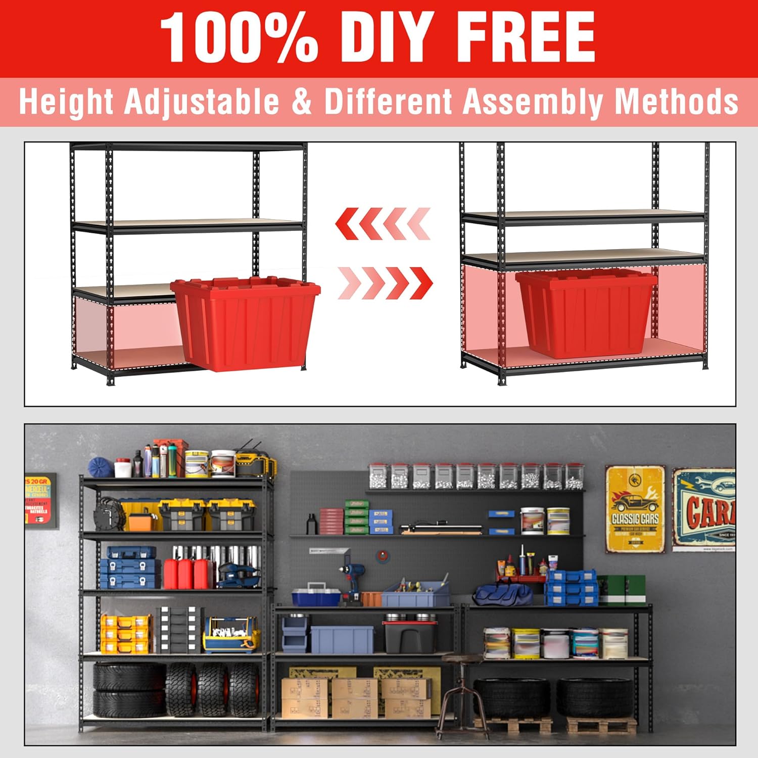 5-tier storage shelving unit displaying organized bins and tools across multiple shelves