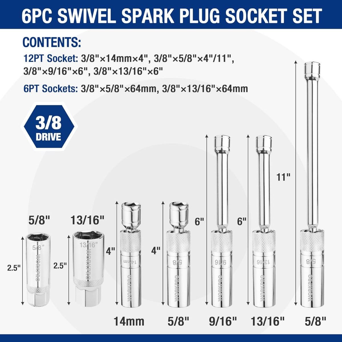 Spark plug socket set diagram showing multiple socket sizes on 3/8 in drive