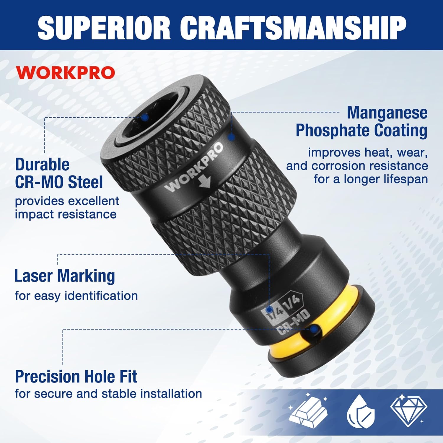 Impact socket adapter with textured knurled sleeve and yellow band, precision hole fit