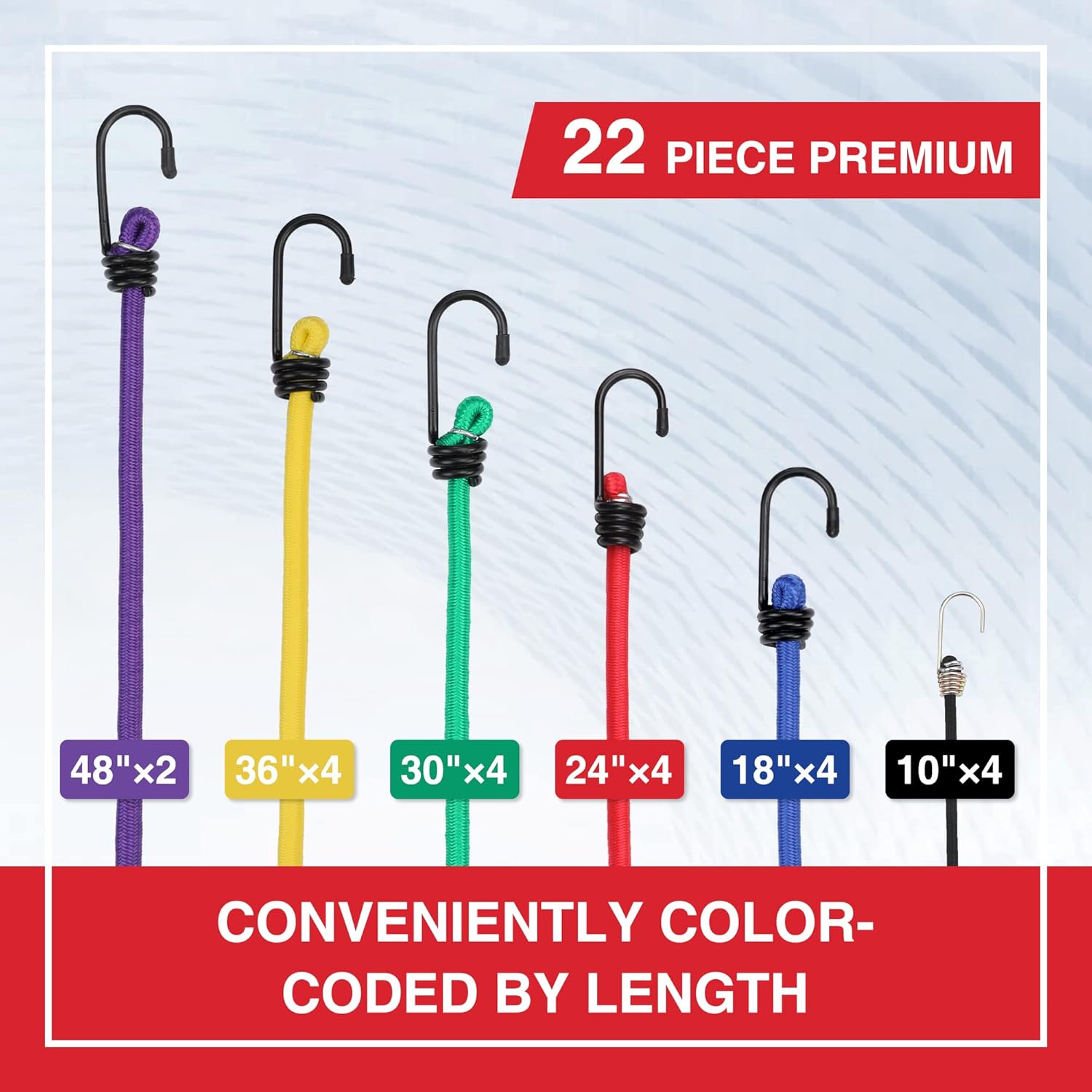 Set of colorful bungee cords with metal hooks, assorted lengths shown on display