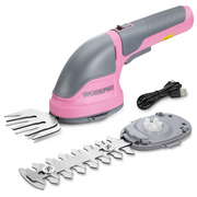 Handheld electric trimmer with pink-and-gray body, grass and hedge blade attachments