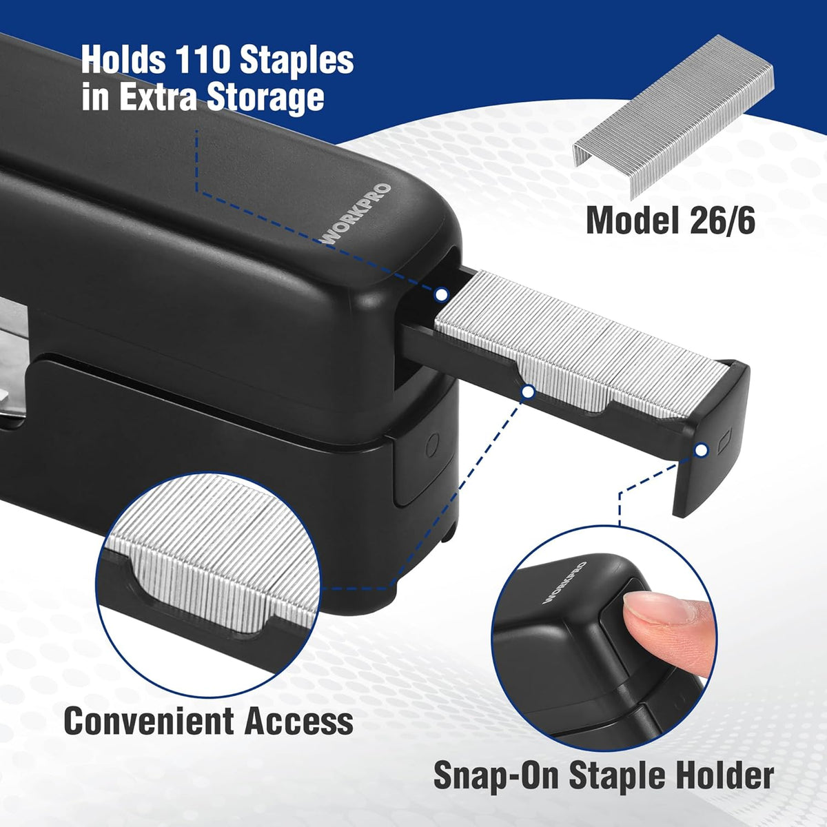 Black stapler with top staple magazine and snap-on staple holder detail