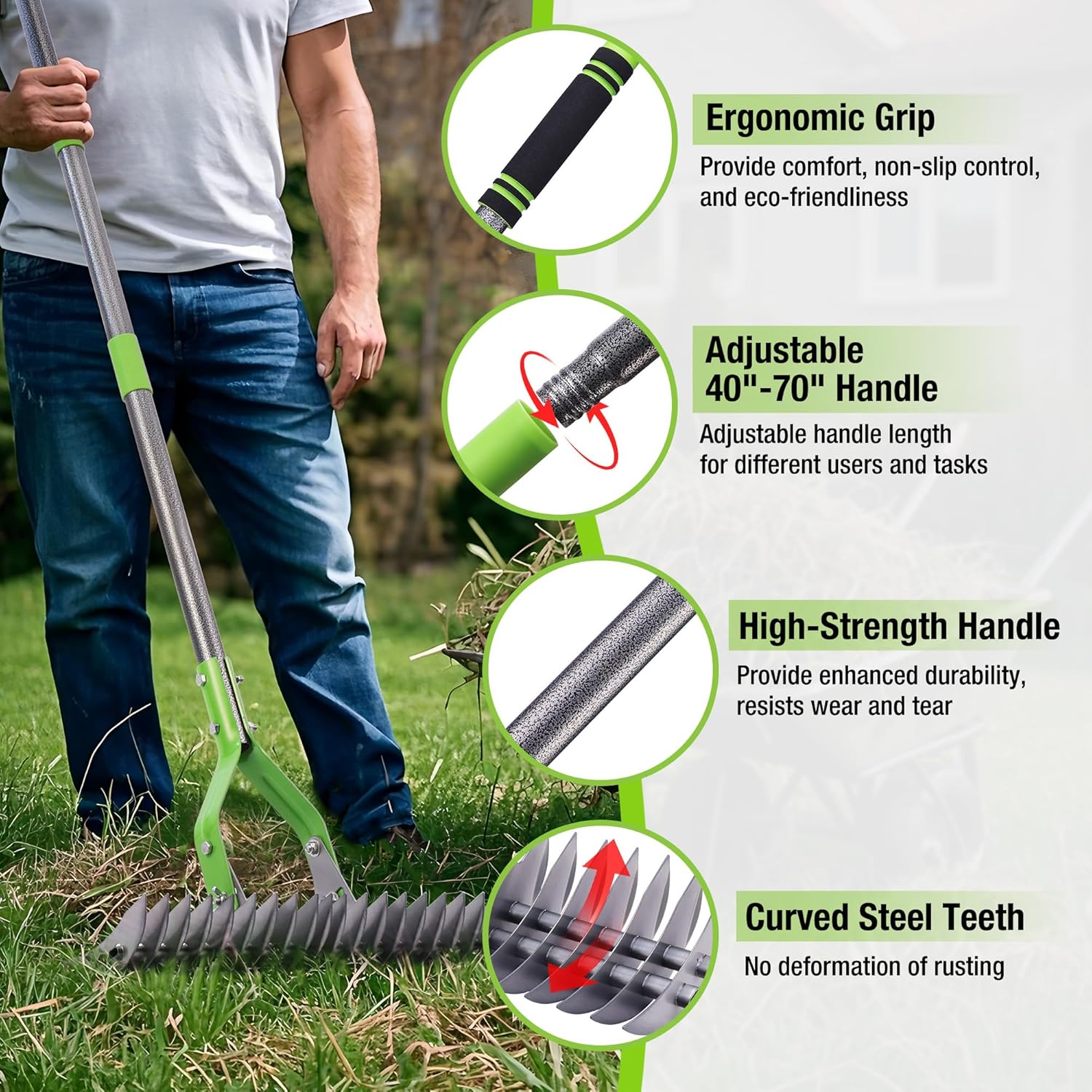 Garden dethatching rake with green handle and curved steel teeth for loosening lawn thatch