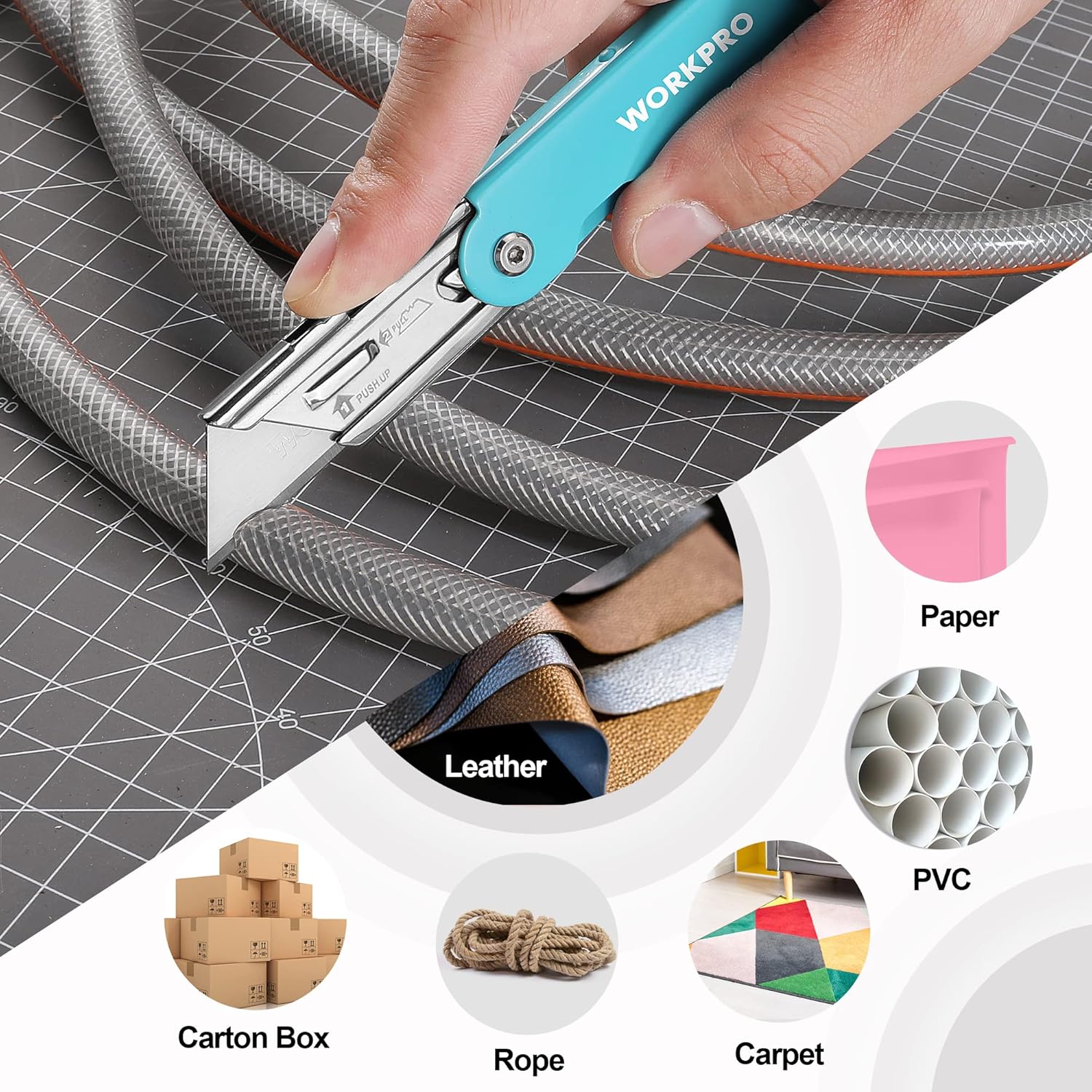 Folding utility knife in hand cutting materials on grid work surface
