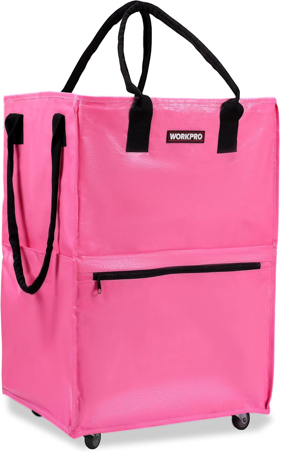 Pink reusable rolling grocery bag front view with black U-shaped handles and wheels