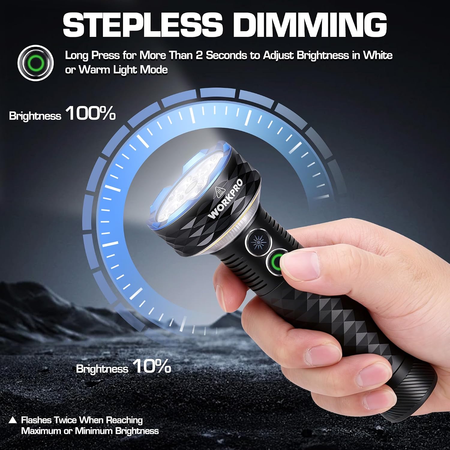 Black flashlight with thumb control and stepless dimming brightness indicator around beam