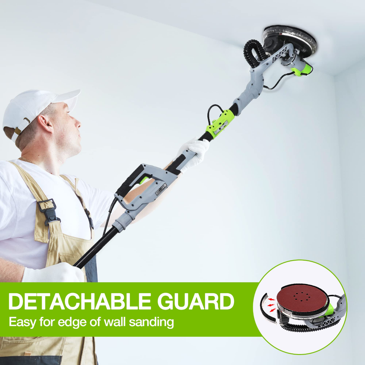 Electric drywall sander with vacuum dust bag and detachable guard for edge sanding