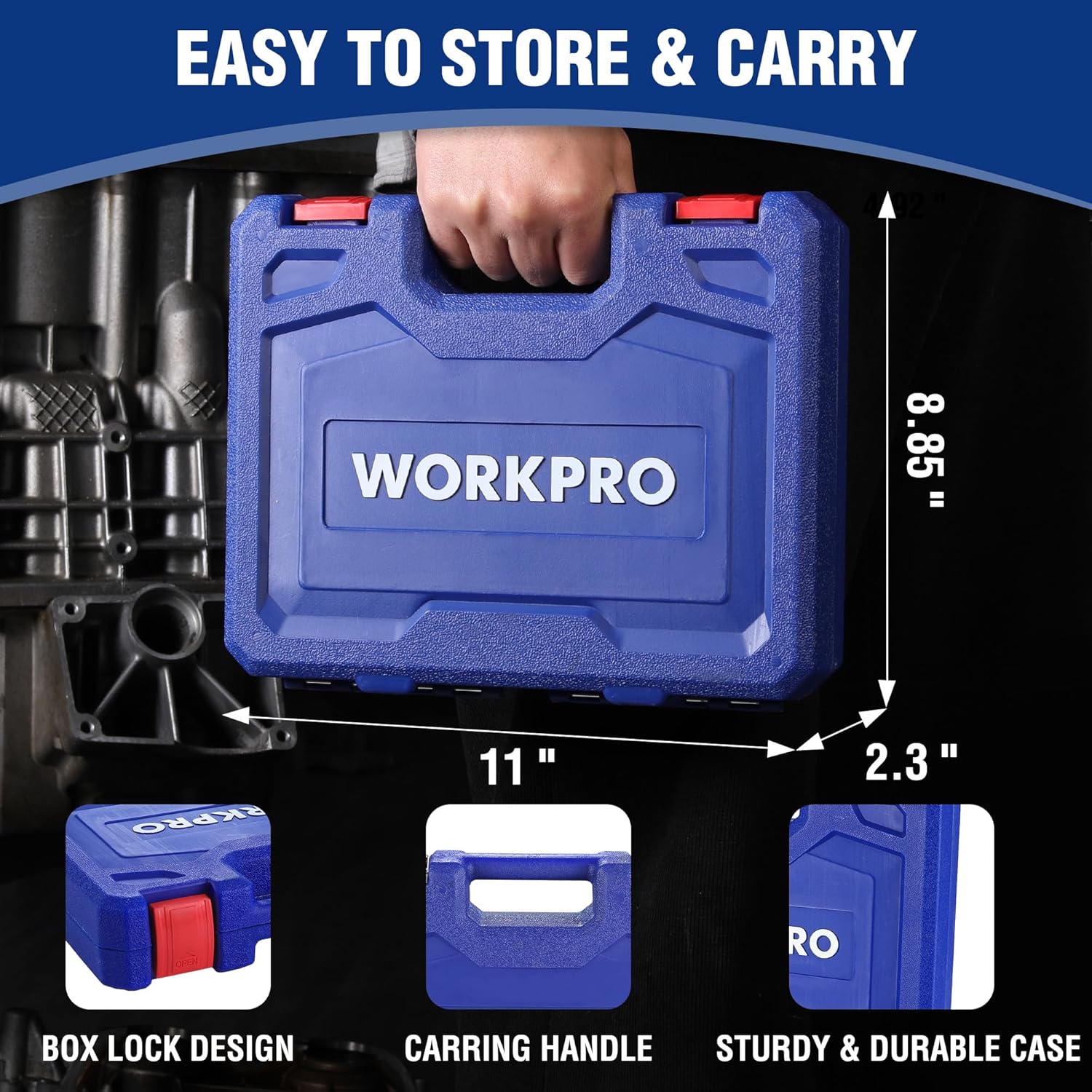 Impact socket set case with blue storage design and fitted deep socket holders