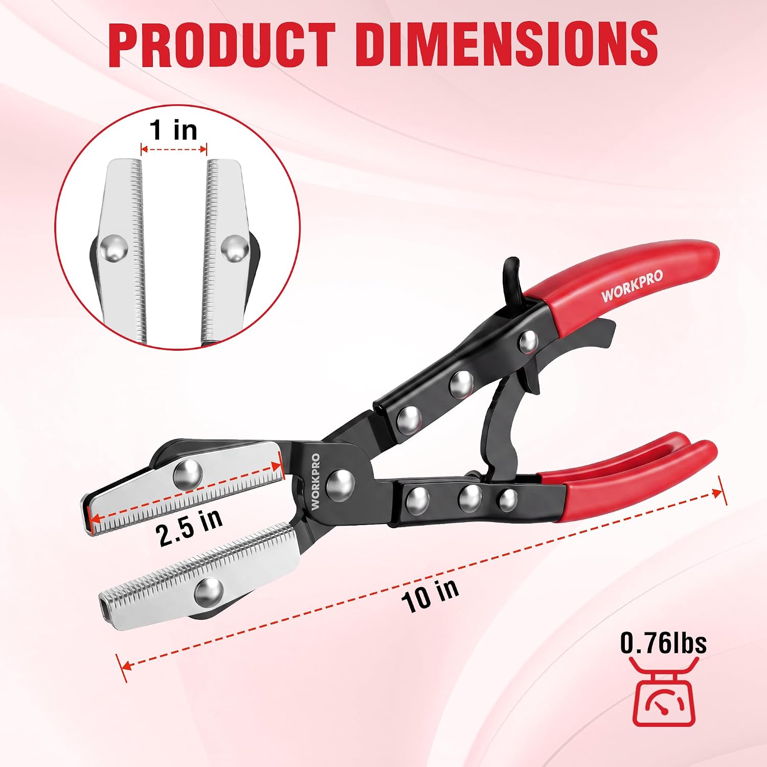 Hose pinch-off pliers with serrated jaws and red grips, adjustable ratchet clamp design
