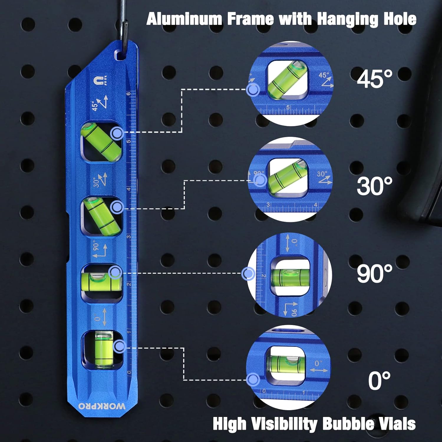 Cobalt blue torpedo level with hanging hole, four green bubble vials, 0°/90°/45°/30°