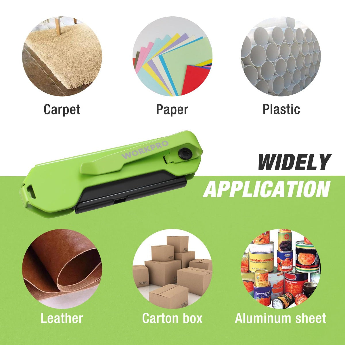 Green folding utility knife with extended blade and black sliding blade cover