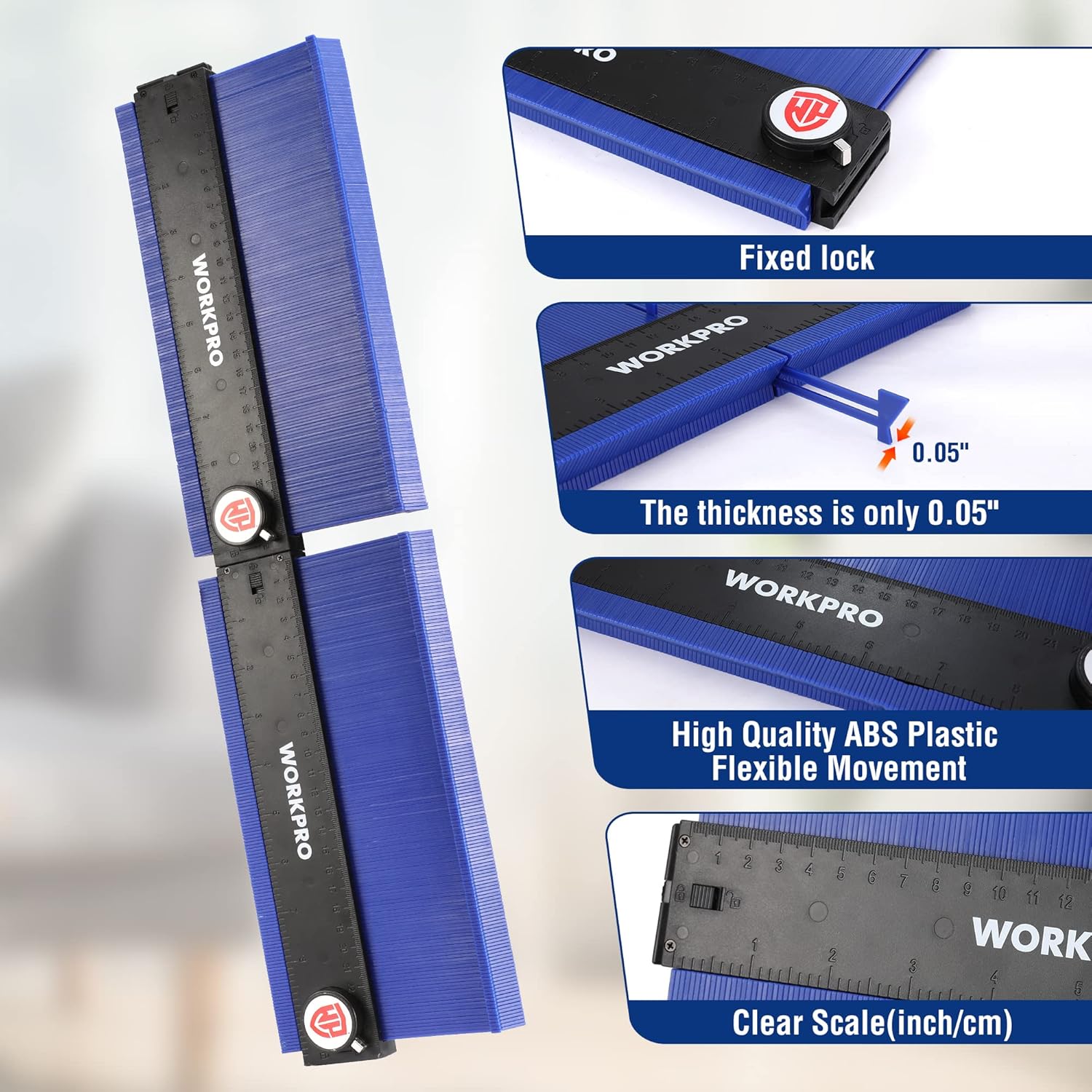 Blue-and-black contour gauge with fixed lock and clear inch/cm measurement scale