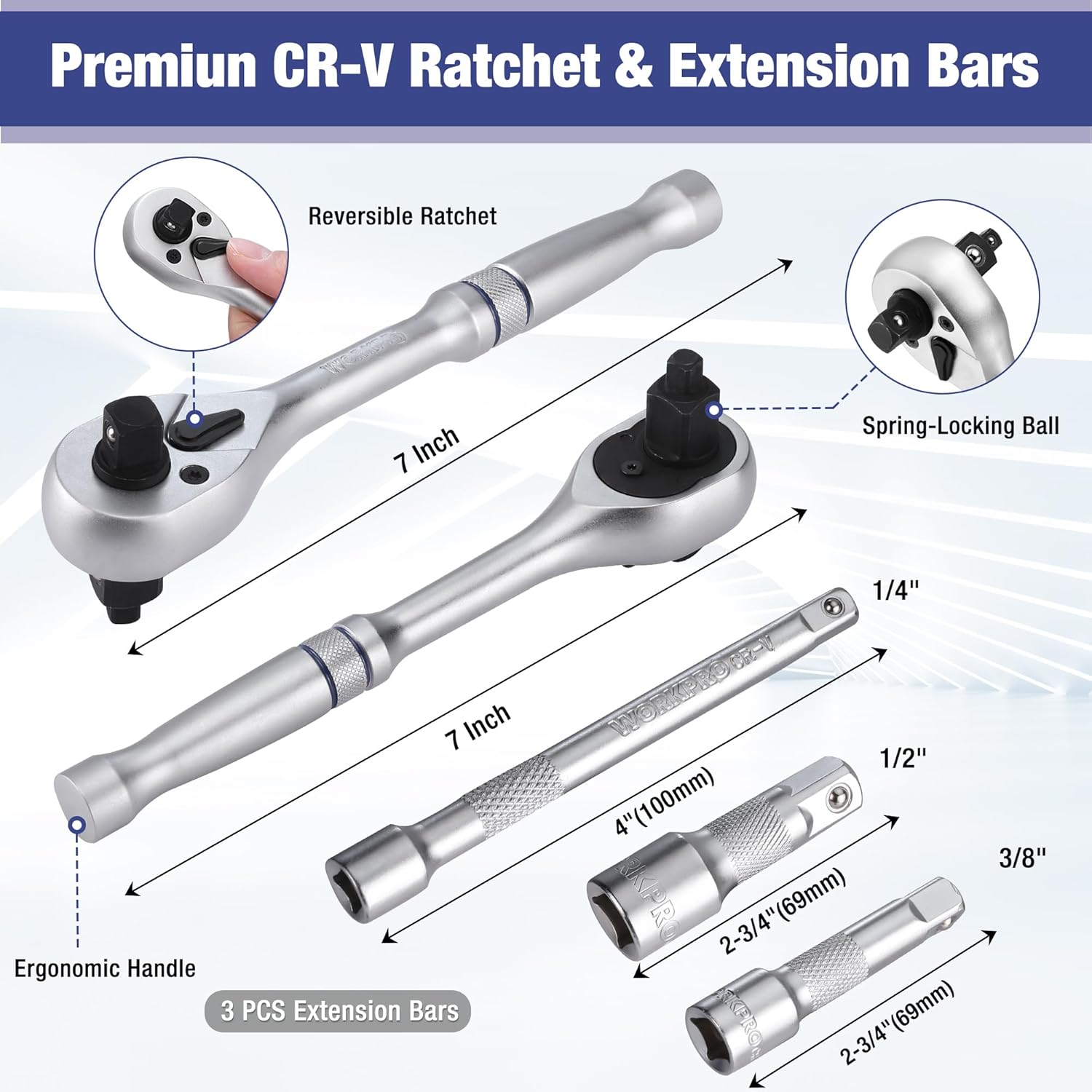 CR-V ratchet handle with metric extension bars and spring-lock ball drive sockets