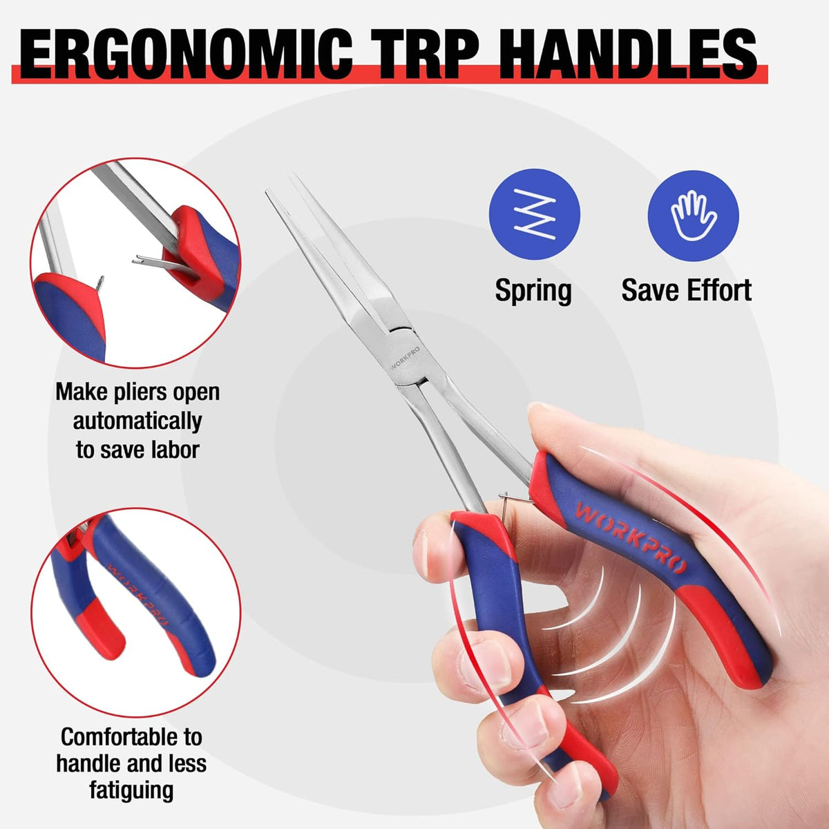 Ergonomic needle-nose pliers with blue-red TRP-style handles, held in hand