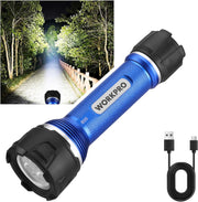 Blue and black rechargeable LED flashlight with side switch and USB charging cable.