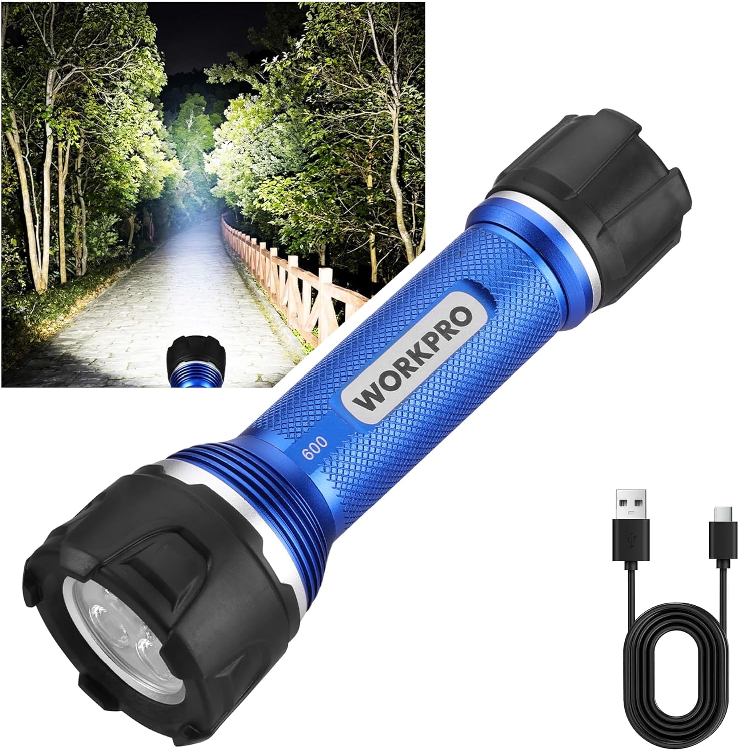 Blue and black rechargeable LED flashlight with side switch and USB charging cable.
